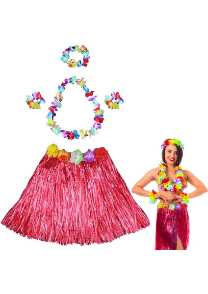 Techmrt Hawaii Dans Kostümü – Kırmızı Hula Etek &amp; Çiçek Kolye Seti