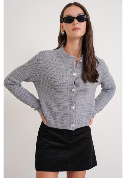 6778 Kadın Links Desenli Crop Triko Hırka Gri