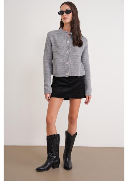 6778 Kadın Links Desenli Crop Triko Hırka Gri fiyatları