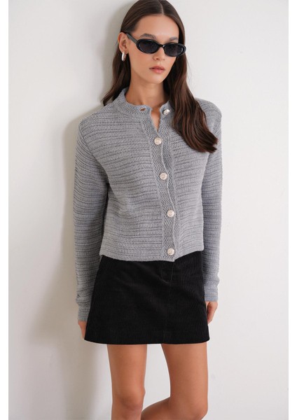 6778 Kadın Links Desenli Crop Triko Hırka Gri modelleri