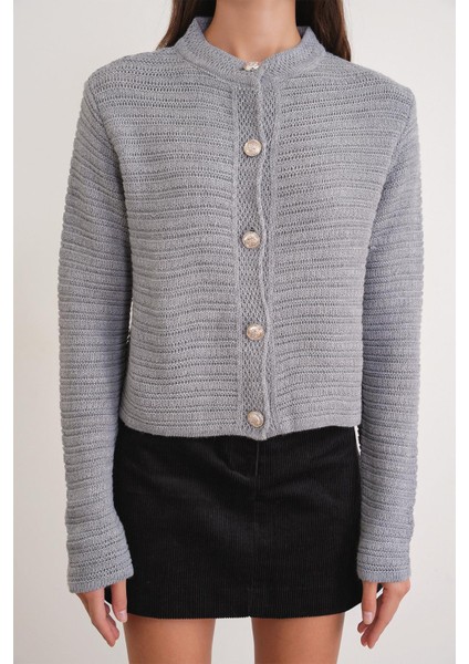 6778 Kadın Links Desenli Crop Triko Hırka Gri fırsatları