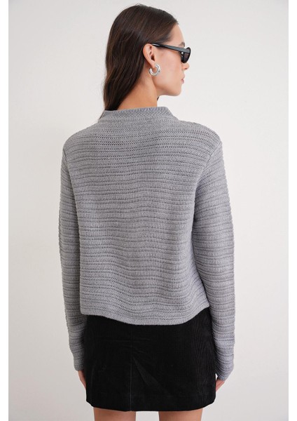 6778 Kadın Links Desenli Crop Triko Hırka Gri