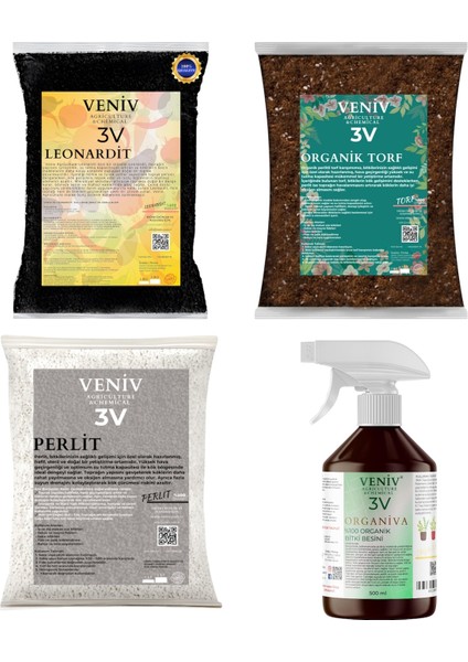 3V Bitki Bakım Yetiştirme Seti-Torf(2l)-Leonardit(2l)-Perlit(2l)-Organiva Organik Besin 500 ml