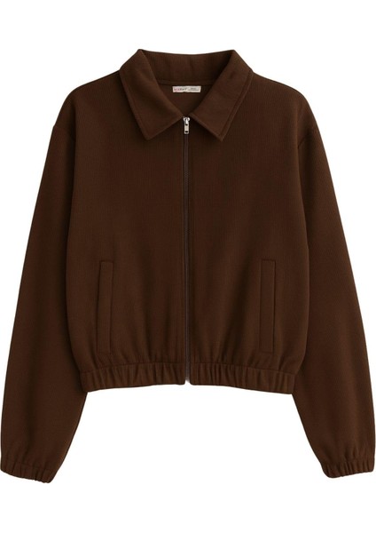 4764 Kadın Basic Fermuarlı Fitilli Örme Selanik Ceket Kahve