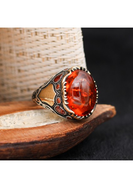 Kişiye Özel Harf Yazılı Toz Kehribar Taşlı Gümüş Erkek Yüzük fiyatları