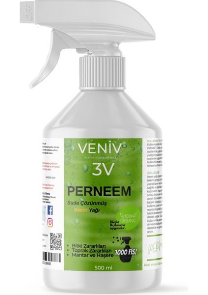 3V Perneem %100 Organik Böcek Kovucu| Beyaz Sinek, Trips, Unlu & Yeşil Bit– Neem Yağı– Tüm Haşereler