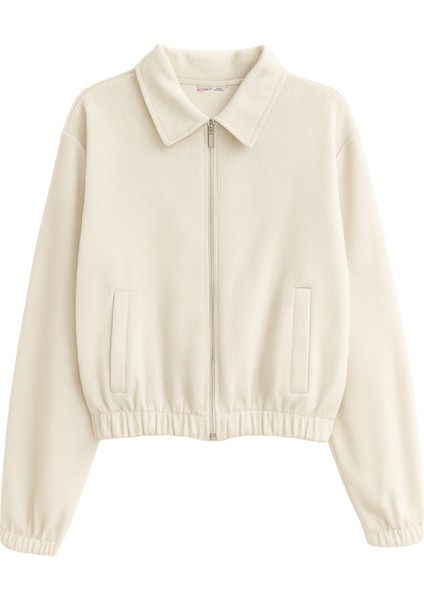 4764 Kadın Basic Fermuarlı Fitilli Örme Selanik Ceket Taş