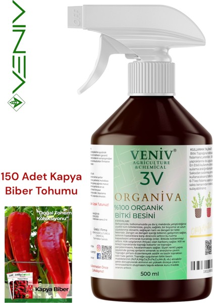 3V Organiva %100 Organik Bitki Besini+ 150 Adet Kapya Biber Tohumu- Doğal Lezzet