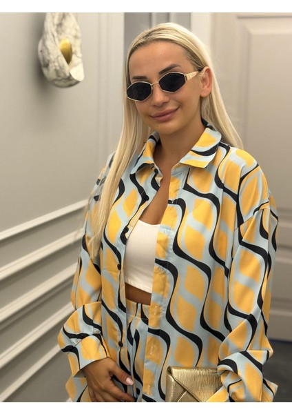 Parlak Dokulu Önden Düğmeli Beli Lastikli Sarı Alt-Üst Takım fiyatları