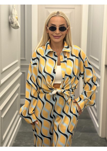 Parlak Dokulu Önden Düğmeli Beli Lastikli Sarı Alt-Üst Takım modelleri