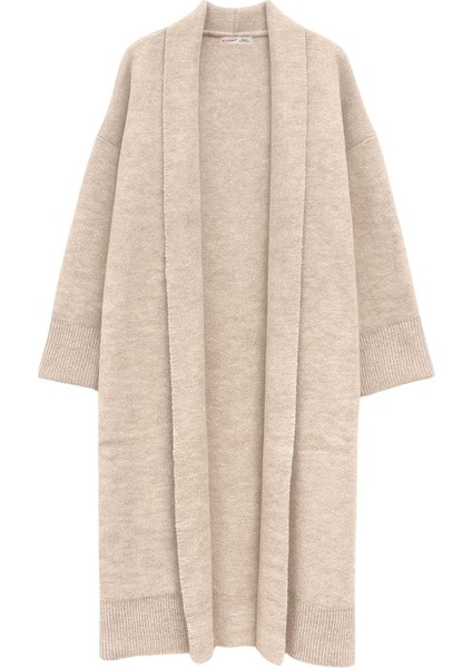 6975 Kadın Şal Yaka Uzun Triko Hırka Bej