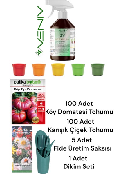 3V 5’li Bitki Yetiştirme Seti – Organik Besin + Çiçek & Domates Tohumu + Dikim Seti + Saksı