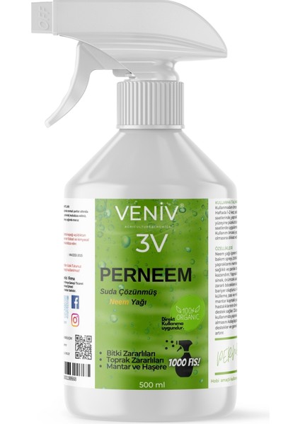 3V Perneem %100 Organik Böcek Kovucu| Beyaz Sinek, Trips, Unlu & Yeşil Bit– Neem Yağı– Tüm Haşereler