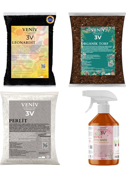 3V Bitki Bakım Yetiştirme Seti-Torf(2l)-Leonardit(2l)-Perlit(2l)- Viola Çiçeklendirici 500 ml
