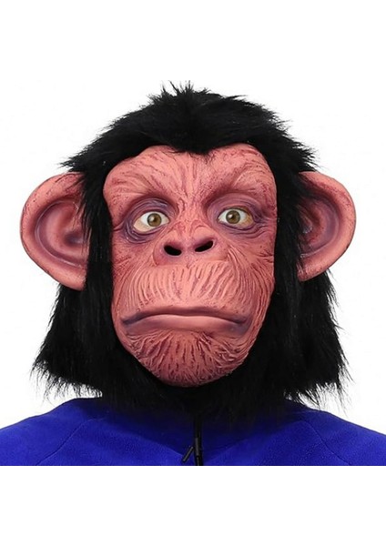 Techmrt Siyah Saçlı Kafaya Tam Geçmeli Lateks Şempanze Maskesi - Lateks Maymun Orangutan Goril Maske Et Maske