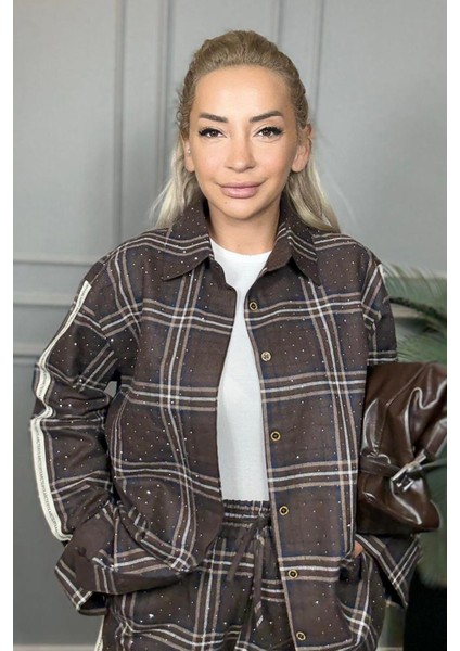 Önden Düğmeli Beli Lastikli Kadın Kahverengi Alt Üst Takım modelleri