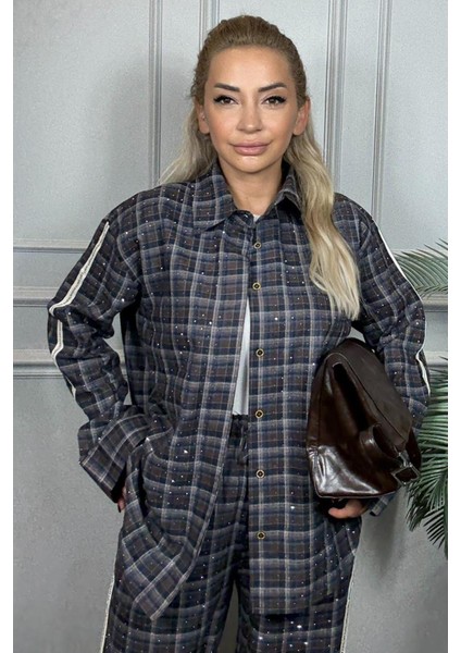 Önden Düğmeli Beli Lastikli Kadın Lacivert Alt Üst Takım