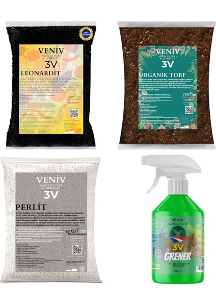3V Bitki Bakım Yetiştirme Seti-Torf(2l)-Leonardit(2l)-Perlit(2l)-Greener Yeşil Bitkiler Için 500 ml
