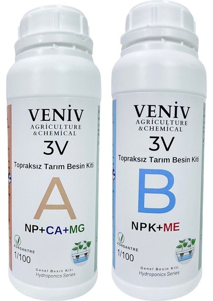 3V Topraksız Tarım Besin Seti-Hidroponik(A B) 2l- 100 Litre Konsantre