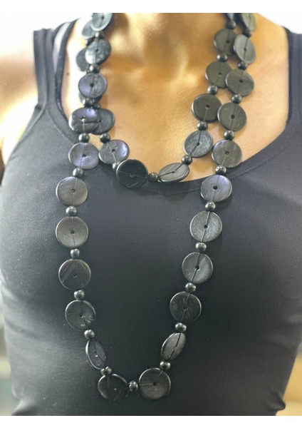 Siyah Bambu Düğmelki Kadın Uzun Kolye 70 cm