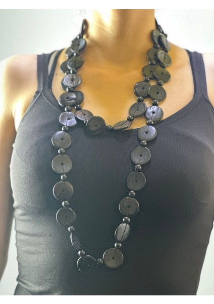 Siyah Bambu Düğmelki Kadın Uzun Kolye 70 cm modelleri