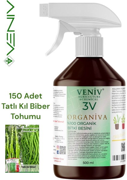 3V Organiva %100 Organik Bitki Besini (500 Ml) + 150 Adet Kıl Biber Tohumu – Doğal ve Güçlü Gelişim