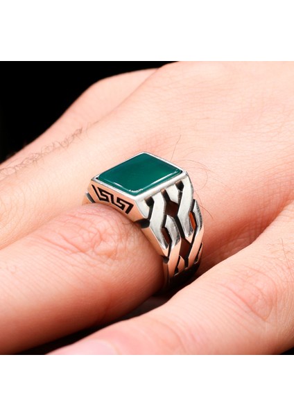 Zincir Tasarım Yeşil Akik Taşlı 925 Ayar Erkek Gümüş Yüzük