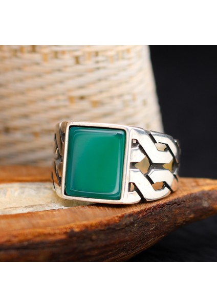 Zincir Tasarım Yeşil Akik Taşlı 925 Ayar Erkek Gümüş Yüzük fiyatları