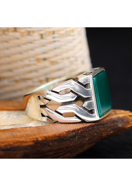 Zincir Tasarım Yeşil Akik Taşlı 925 Ayar Erkek Gümüş Yüzük modelleri