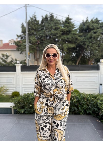 Şal Desen Kısa Kollu Gömlek Pantolon Alt Üst Takım