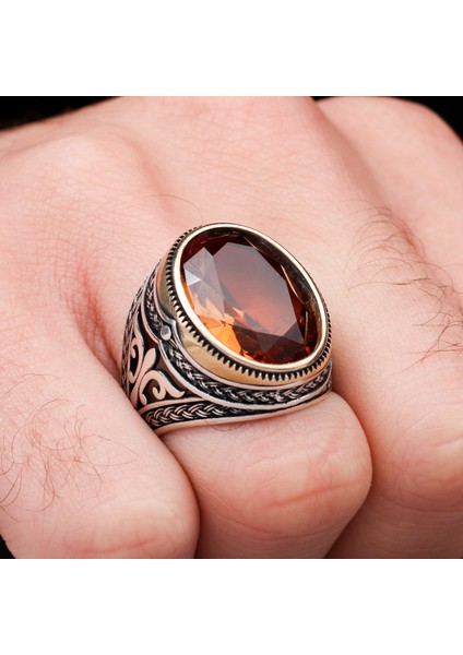 Zultanit Taşlı Desenli 925 Ayar Gümüş Erkek Yüzük