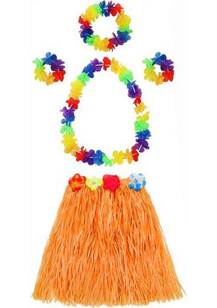 Techmrt Yetişkin ve Çocuk Uyumlu Luau Aloha Hawaii Turuncu Etek ve Renkli Kolye Taç 2 Adet Bileklik Seti