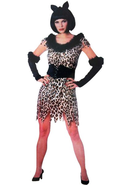 Techmrt Yetişkin Bayan Leopar Kostümü - Kedi Kız Kostümü - Taş Devri Kostümü