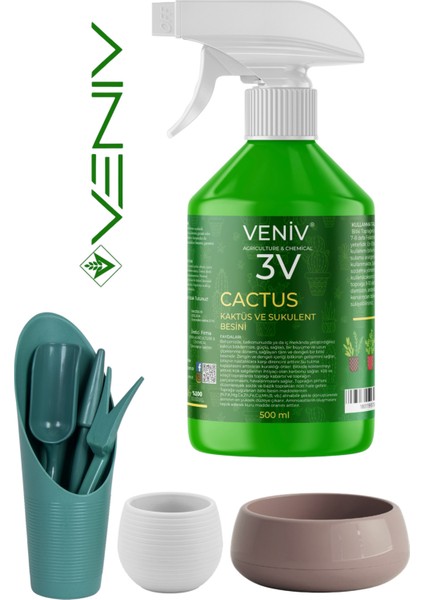 3V Cactus – 4 Parça (1l & 0,13L Saksı Kaktüs Dikim Seti Bitki Besini 500ML)