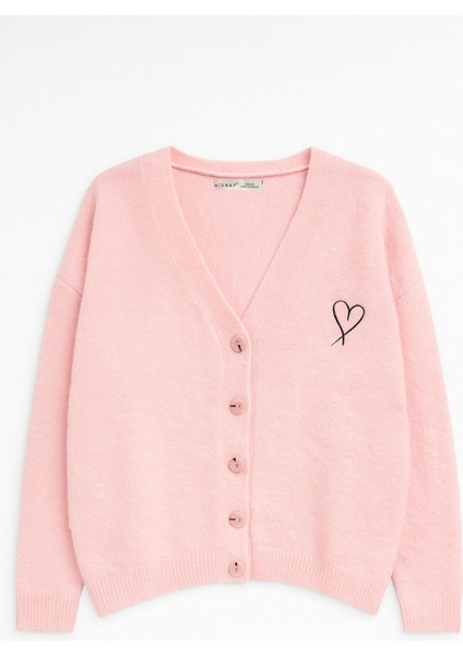 6953 Kadın Oversize Yün Karışımlı Premium Kalp Nakışlı Hırka Pembe