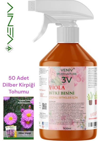 3V Viola 500 ml Çiçeklendirici + 50 Dilber Kirpiği Tohumu – Doğanın Zarif Dokunuşu