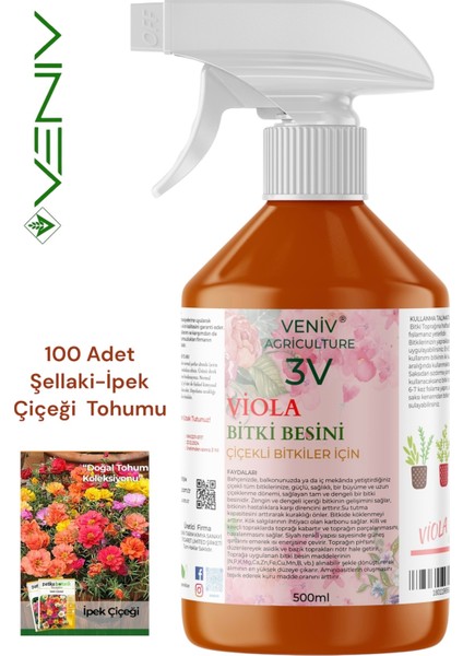 3V Viola 500 ml Çiçeklendirici & Köklendirici + 100 Adet Şellaki (Ipek Çiçeği) Tohumu