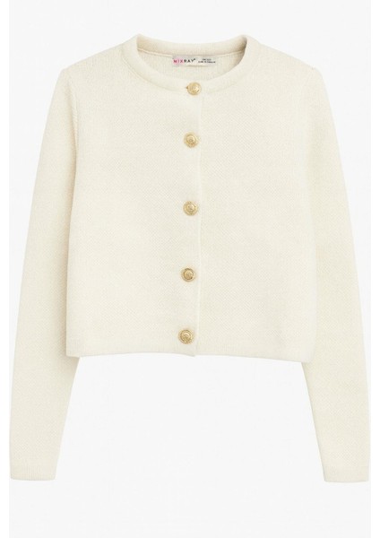 6722 Kadın Gold Düğmeli Basic Pike Triko Hırka Naturel