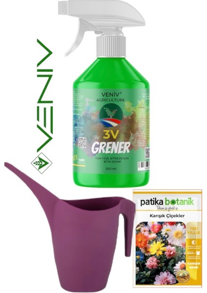 3V Grener Bitki Besini (500ML) + 1l Sulama Kabı + 100’LÜ Karışık Çiçek Tohumu