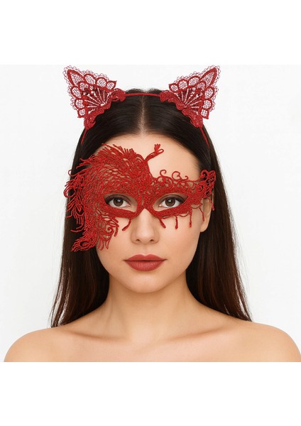 Techmrt Alevin Zarafeti Kırmızı Dantel Maske ve Taç Seti 4 No – Kadın Kostüm Tamamlayıcı