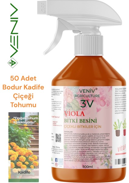 3V Viola 500 ml Çiçeklendirici + 50 Bodur Kadife Çiçeği Tohumu – Bahçenize Sıcak Bir Dokunuş