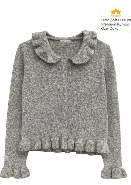 6976 Kadın Fırfır Detaylı Yün Karışımlı Premium Triko Hırka Koyu Gri