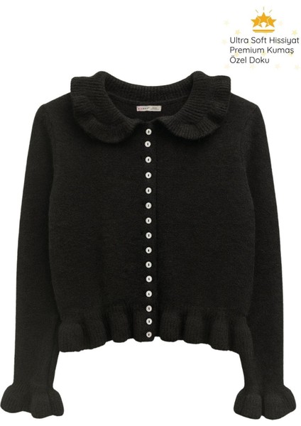 6976 Kadın Fırfır Detaylı Yün Karışımlı Premium Triko Hırka Siyah
