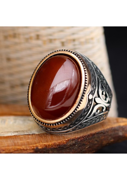 Akik Kırmızı Taşlı 925 Ayar Gümüş Erkek Yüzük