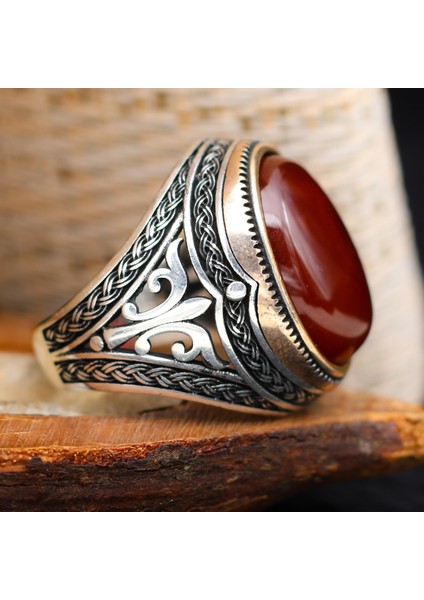 Akik Kırmızı Taşlı 925 Ayar Gümüş Erkek Yüzük fiyatları