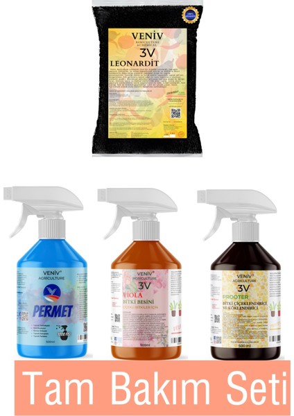 4'lü Evde Bitki Yetiştirme Seti Köklendirme+Koruma+Bitki Besini+Leonardit 1 kg +Viola+Prooter+Permet
