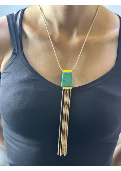 Turkuaz Taşlı Zincir Püsküllü Kadın Kolye 22 cm