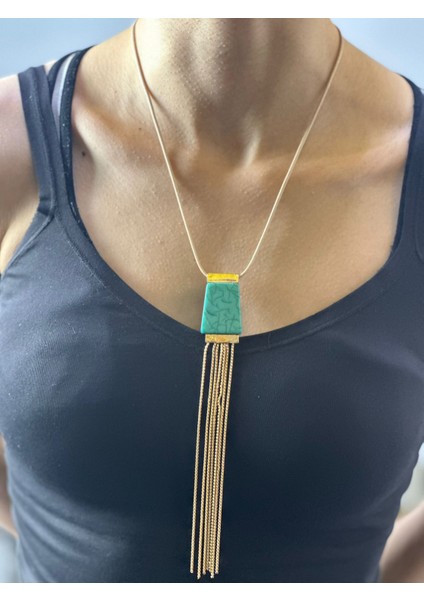 Turkuaz Taşlı Zincir Püsküllü Kadın Kolye 22 cm fiyatları