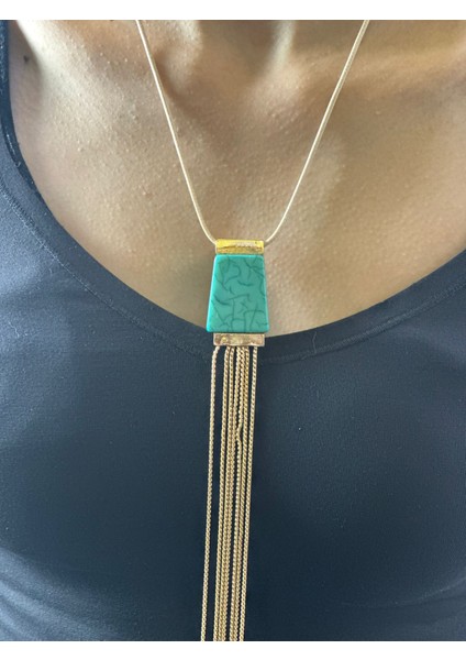 Turkuaz Taşlı Zincir Püsküllü Kadın Kolye 22 cm modelleri