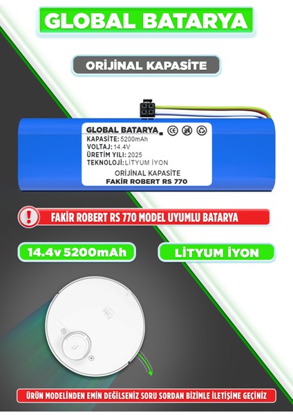 Fakir Robert Rs 770 Uyumlu Robot Süpürge Bataryası 14.4V 5200MAH Li-Ion Pil (Orijinal Kapasite)